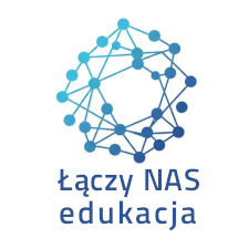Logo projektu Łączy nas edukacja - na białym tle kilkanaście dużych kropek w odcieniach od granatowego so turkusowego, połączonych liniami między sobą, poniżej napis w kolorze granatowycm Łączy nas edukacja